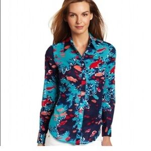LILLY PULITZER Button Down Blouse Lightweight Cotton Turquoise Sz 2 Casual